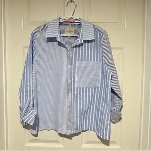 Women’s  Blue and White Striped Button-Up Shirt